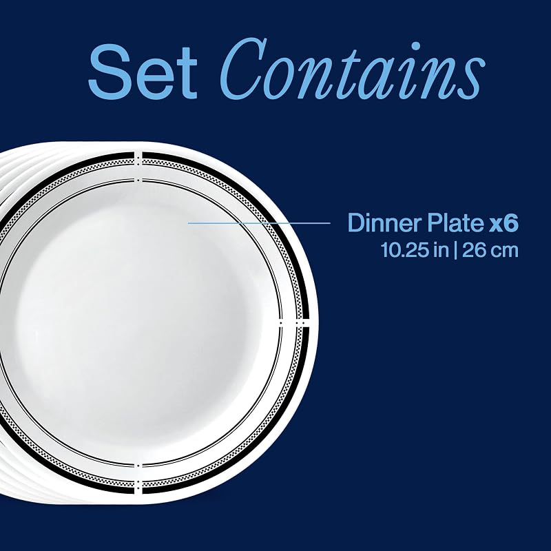 Brasserie 10.25" Dinner Plates Set - Corelle Vitrelle Triple-Layer Glass, Chip-Resistant, 6-Piece