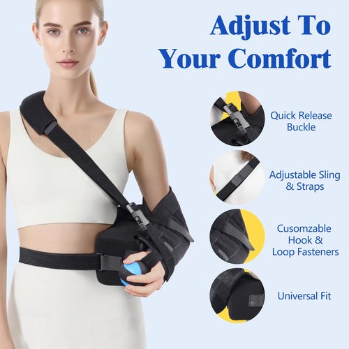 ComfortLife Arm Sling Shoulder Immobilizer for Rotator Cuff Pain Relief, Surgery & Broken Arm - Shoulder Abduction Pillow for Injury Support - Brace Includes Pockets-Foam Stress Ball and Wedge