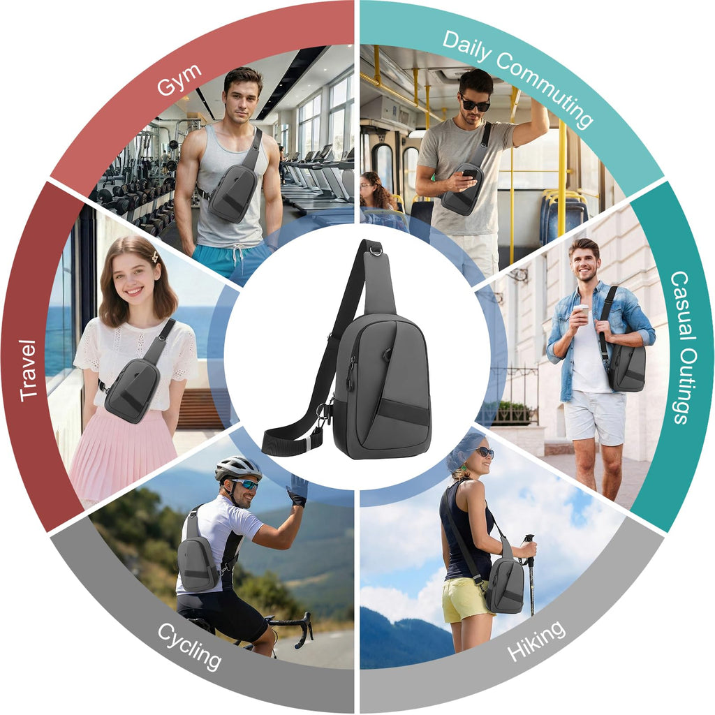 Hoedia Crossbody Sling Bag for Men Women, Shoulder Cross Body Bag EDC Fanny Backpack with Reflective Strip and Multi-pocket (Grey)