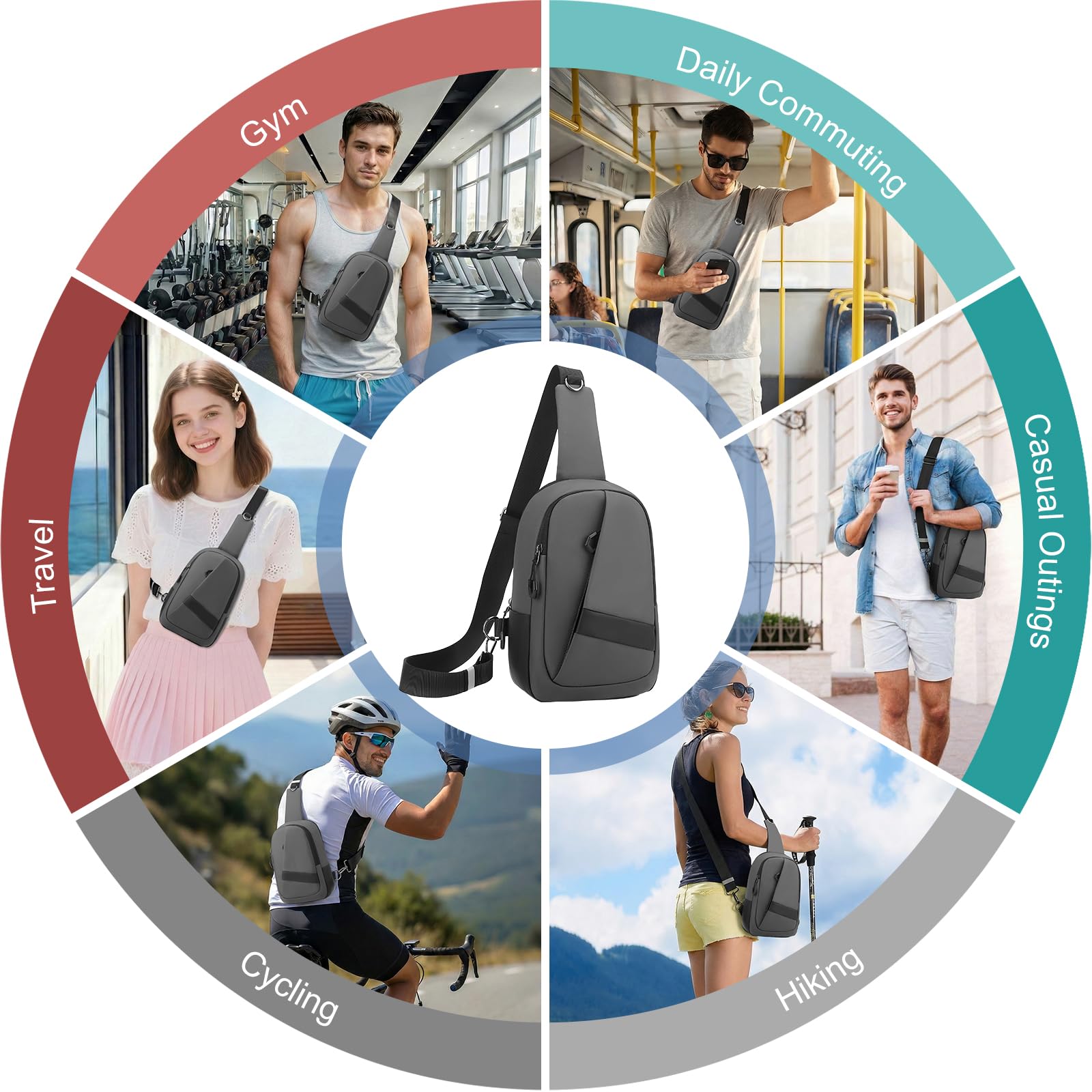 Hoedia Crossbody Sling Bag for Men Women, Shoulder Cross Body Bag EDC Fanny Backpack with Reflective Strip and Multi-pocket (Grey)