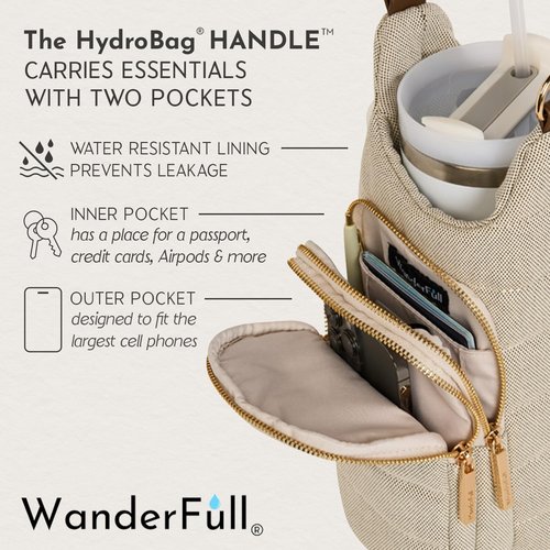 WanderFull Original HydroBag HANDLE®, Zipper for Handle, 40 oz Water Bottle Holder w/Strap, Crossbody Carrier Bag w/Phone Pocket, Tumbler Accessories - Oatmeal Canvas w/Vegan Leather Trim Strap