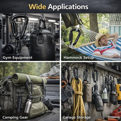 Auto Locking Carabiner Heavy Duty Carabiner 25kN UIAA Certified Climbing Carabiner Climbing Equipment Safety Carabiners for Rappelling, Hammocks, Rescue, Dog Leash, Swing (All Black-4PCS)