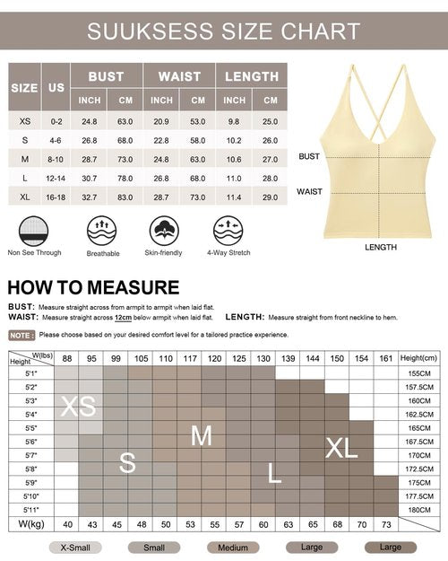 SUUKSESS V Neck Padded Longline Sports Bras Workout Open Back Yoga Tank Tops (Yellow, M)