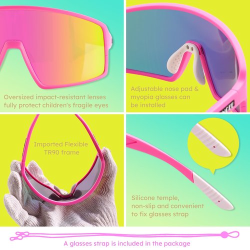 IKSII Kids Sunglasses for Girls 8-14,UV400 Protection Youth Baseball Sunglasses,Running Sun Glasses for Women Men,Pink Sports Softball Biking Cycling Glasses