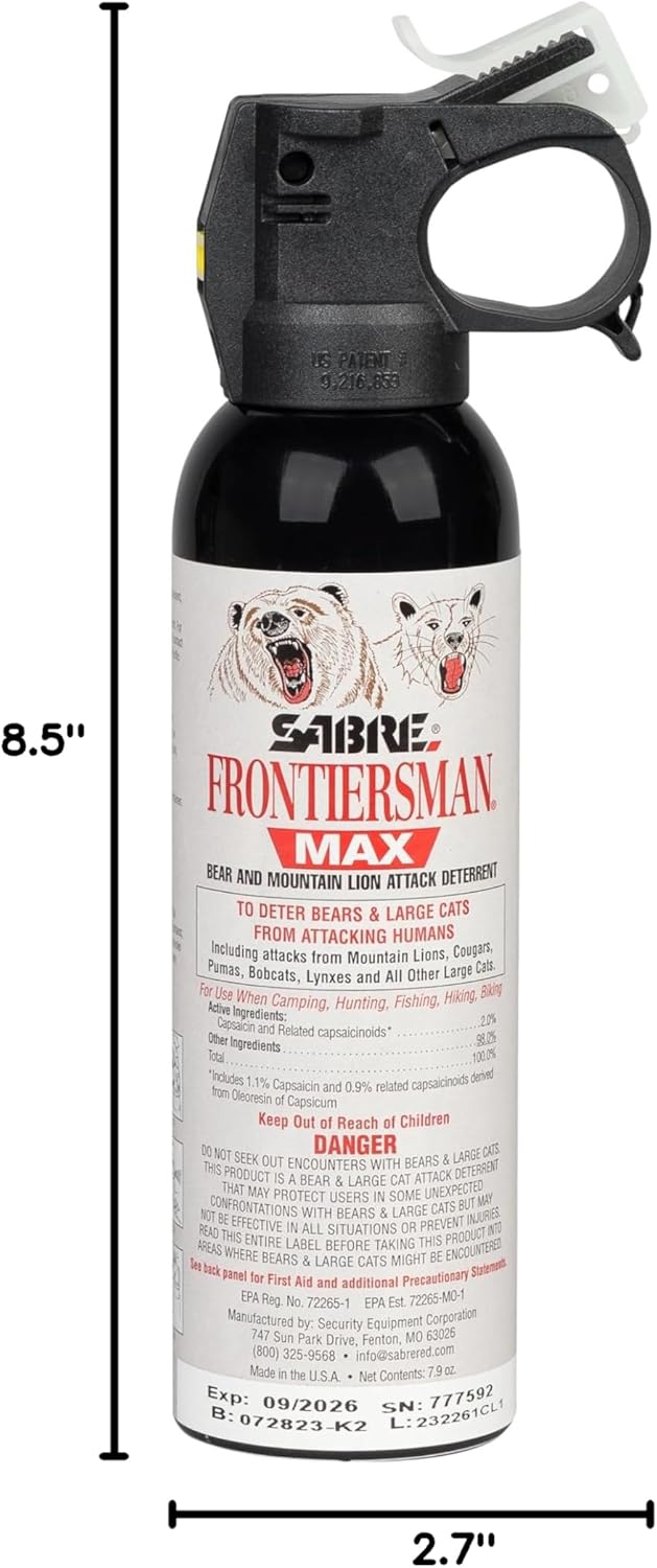 SABRE Frontiersman MAX Bear Spray - Maximum Strength, 40 ft Range, EPA-Registered, 7.9 oz | Outdoor Hiking & Camping Safety