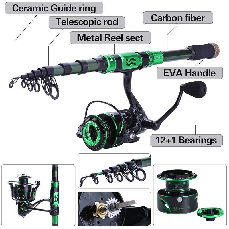 Sougayilang 12+1 BB Telescopic Fishing Rod & Spinning Reel Combo with Carry Case, 5.91 ft, Green (Variation: green+5.91 ft - 2000)