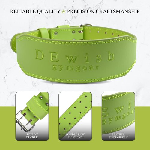 Leather Weightlifting Belt, 10 Adjustable Holes, 4”Width, Double Prong Power Belt for Gym Bodybuilding, weightlifting, powerlifting, squats and deadlifts (Neon Green, M (30"-33"))