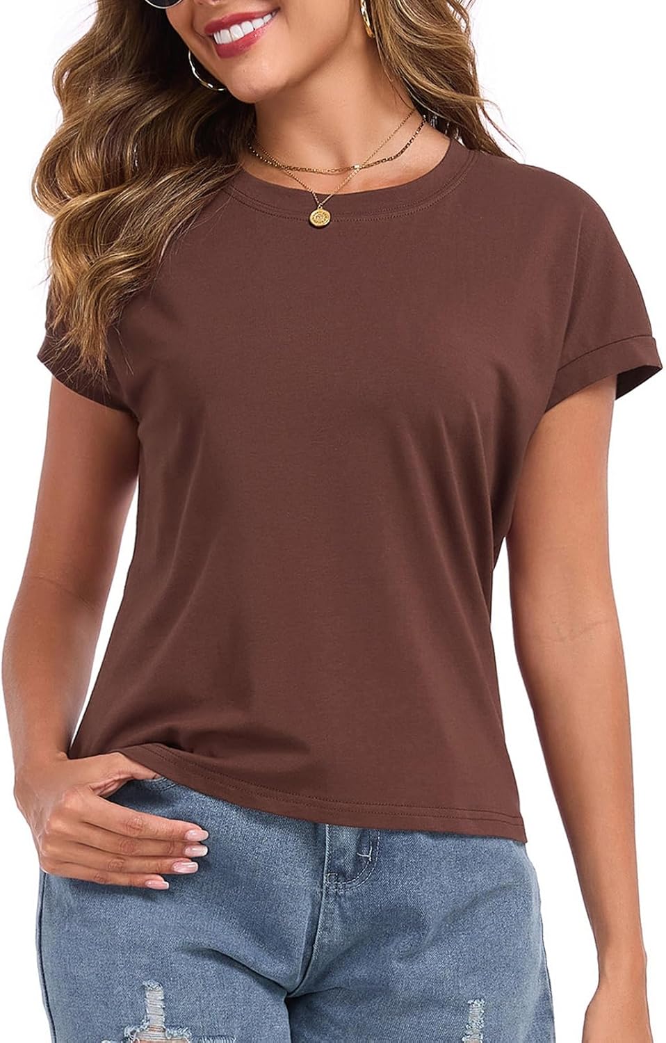 Skiennix Women's Cap Sleeve Cropped Tee - Loose Fit Cotton Crewneck Summer Blouse