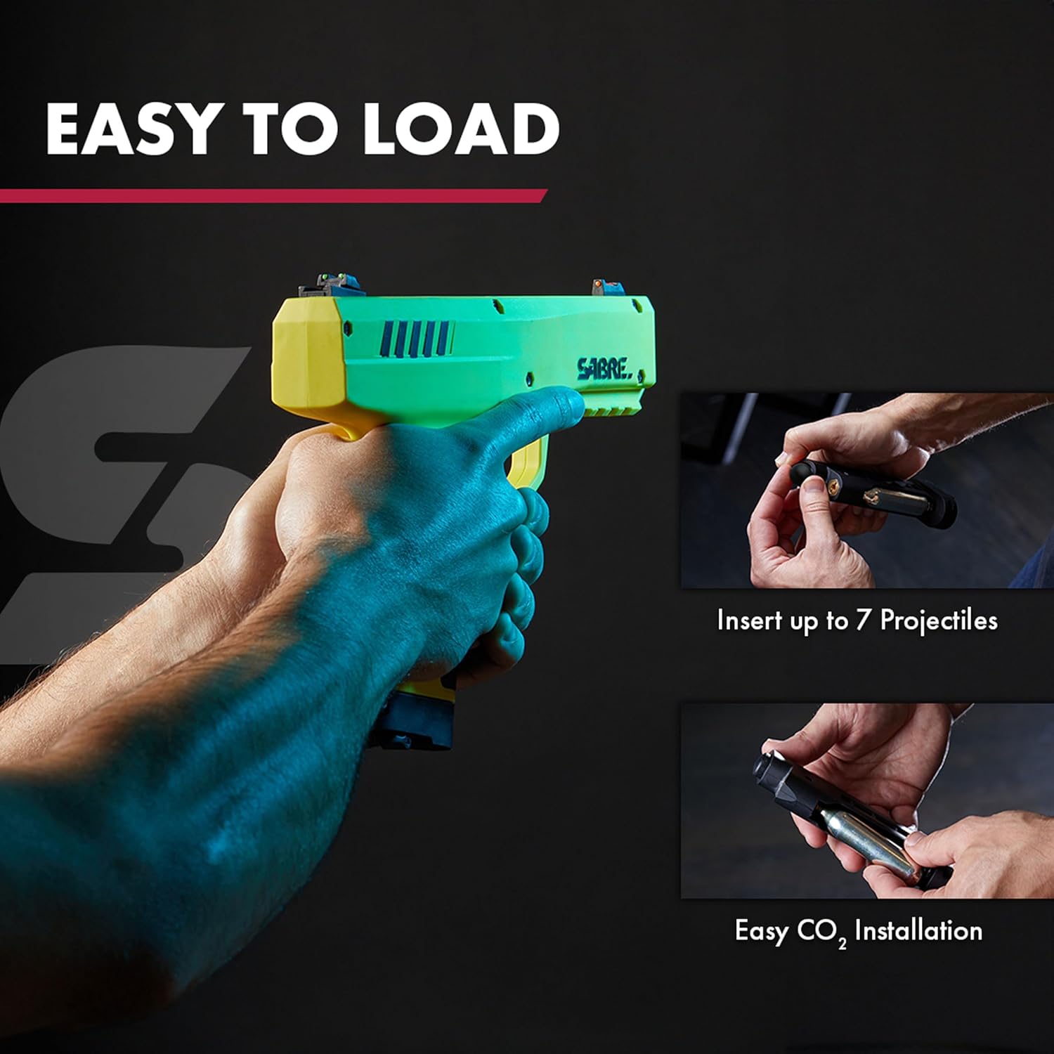 Sabre Home Defense Projectile Launcher - Large Size with 7 Impact Projectiles | 40% More Stopping Power