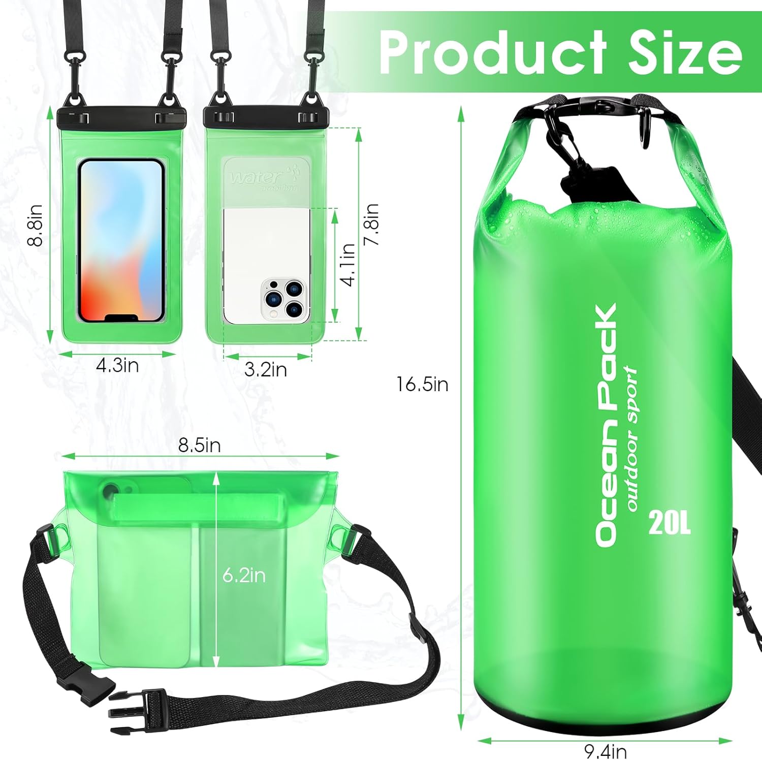 VZZNN Waterproof Dry Bag Set of 3 - 20L Lightweight Dry Sack with Waist Pouch & Phone Case | Green