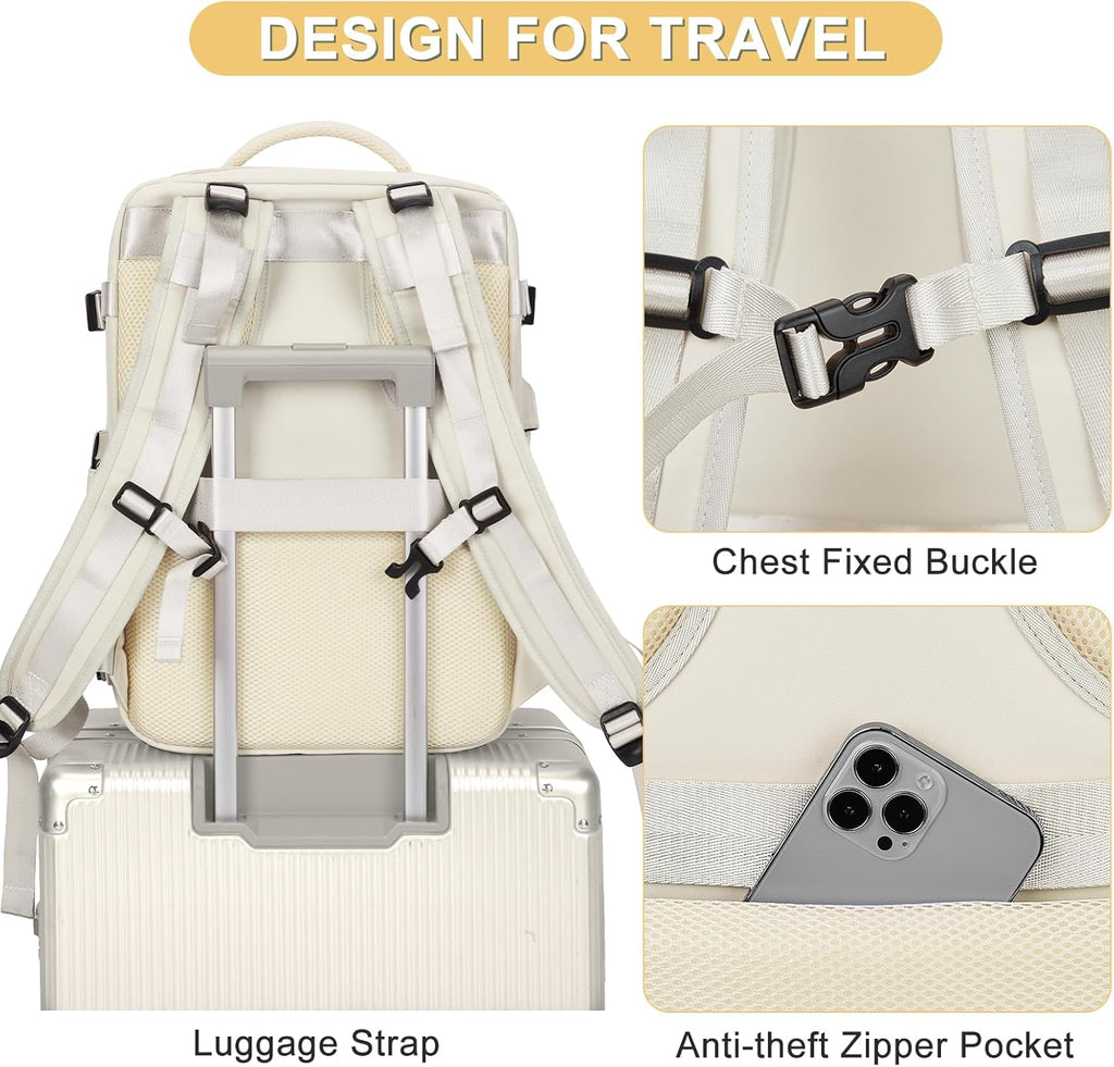 Skiennix Beige Large Travel Backpack - Airline Approved Waterproof Carry-On Bag for Men & Women