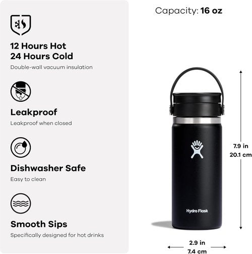 Hydro Flask Water Bottle - Insulated Stainless Steel, Wide Mouth Flex Lid - 16 Oz White, Leakproof & Refillable