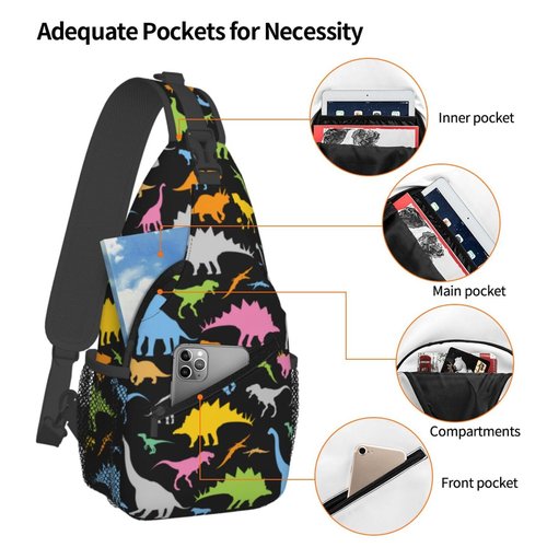 SURERUIM Cute Cartoon Dinosaur Sling Bag for Women Men Seamless Colorful Dinosaurs Pattern on Black Background Crossbody Chest Shoulder Bag Cartoon Dinosaur Backpack Casual Gym Travel Hiking Daypack