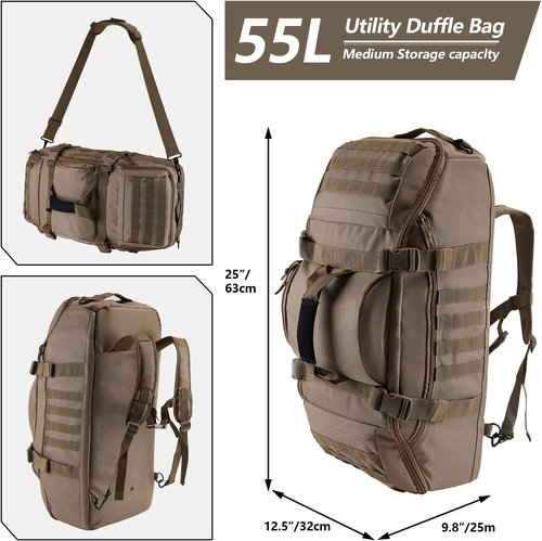 Hannibal Tactical 55L Duffle Bag - Versatile 3-in-1 Tactical Backpack for Gym & Outdoor | Coyote Color