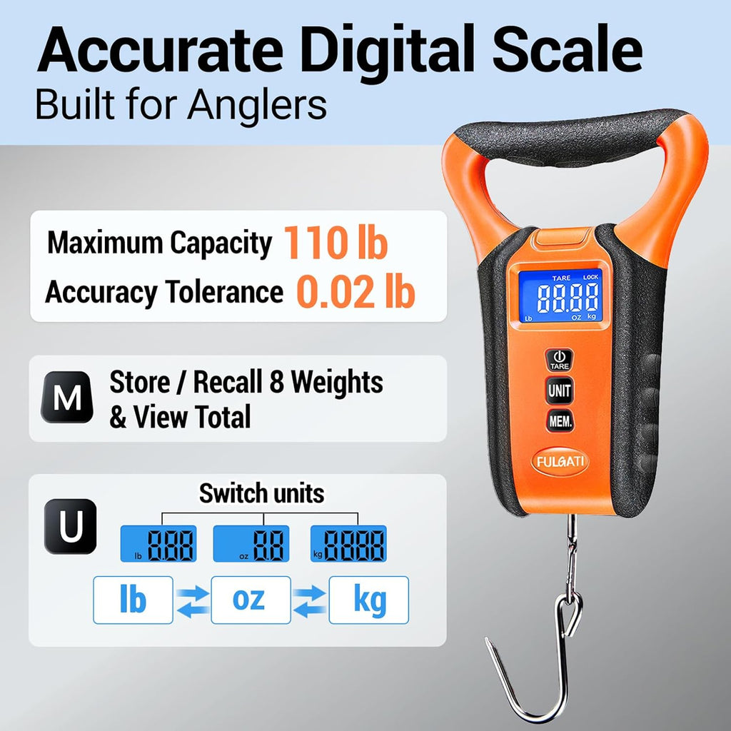 Skiennix Fish Scale - Waterproof Digital Weighing Scale with Backlit LCD Display, 110lb Capacity & Carry Case