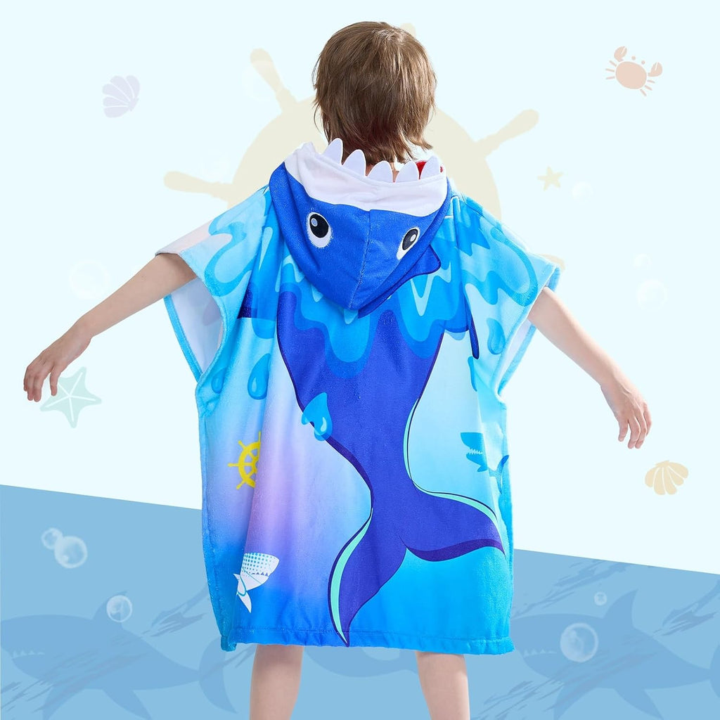 WERNNSAI Shark Kids Beach Towel - Hooded Towel Wrap 27"" x 27"" Kids Hooded Poncho Sand Free Beach Towel for Girls Bath Pool Quick Dry Soft Kids Bath Towel for Travel Shower Swim, Large