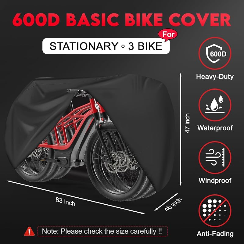 Stationary 3-Bike Cover, 600D Waterproof Large Outdoor Storage - Bike Cover, 83" x 46" x 47", Includes Carry Bag (XXL - 3 Bikes) by Zettum