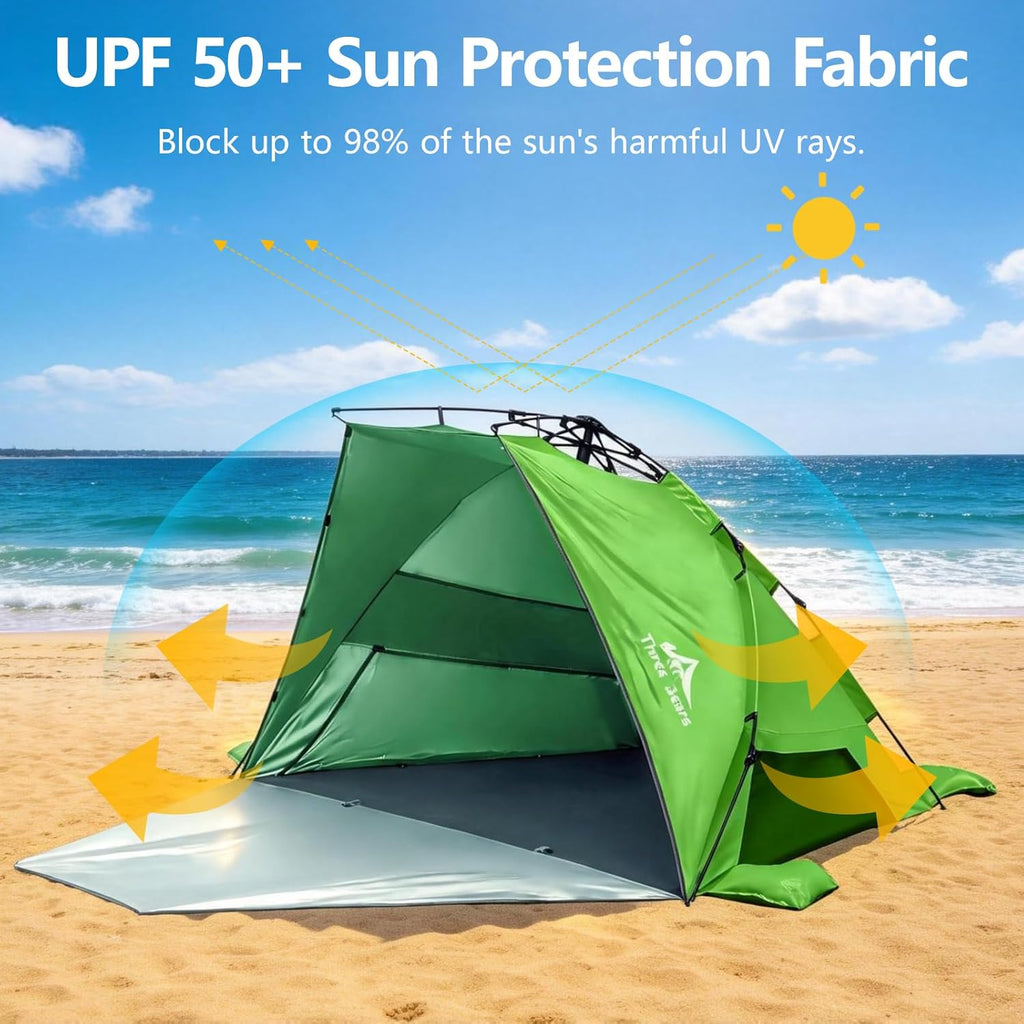 Three Bears Pop Up Beach Tent - Lightweight UV Protection Shelter for 3-4 People | Easy Setup, Green