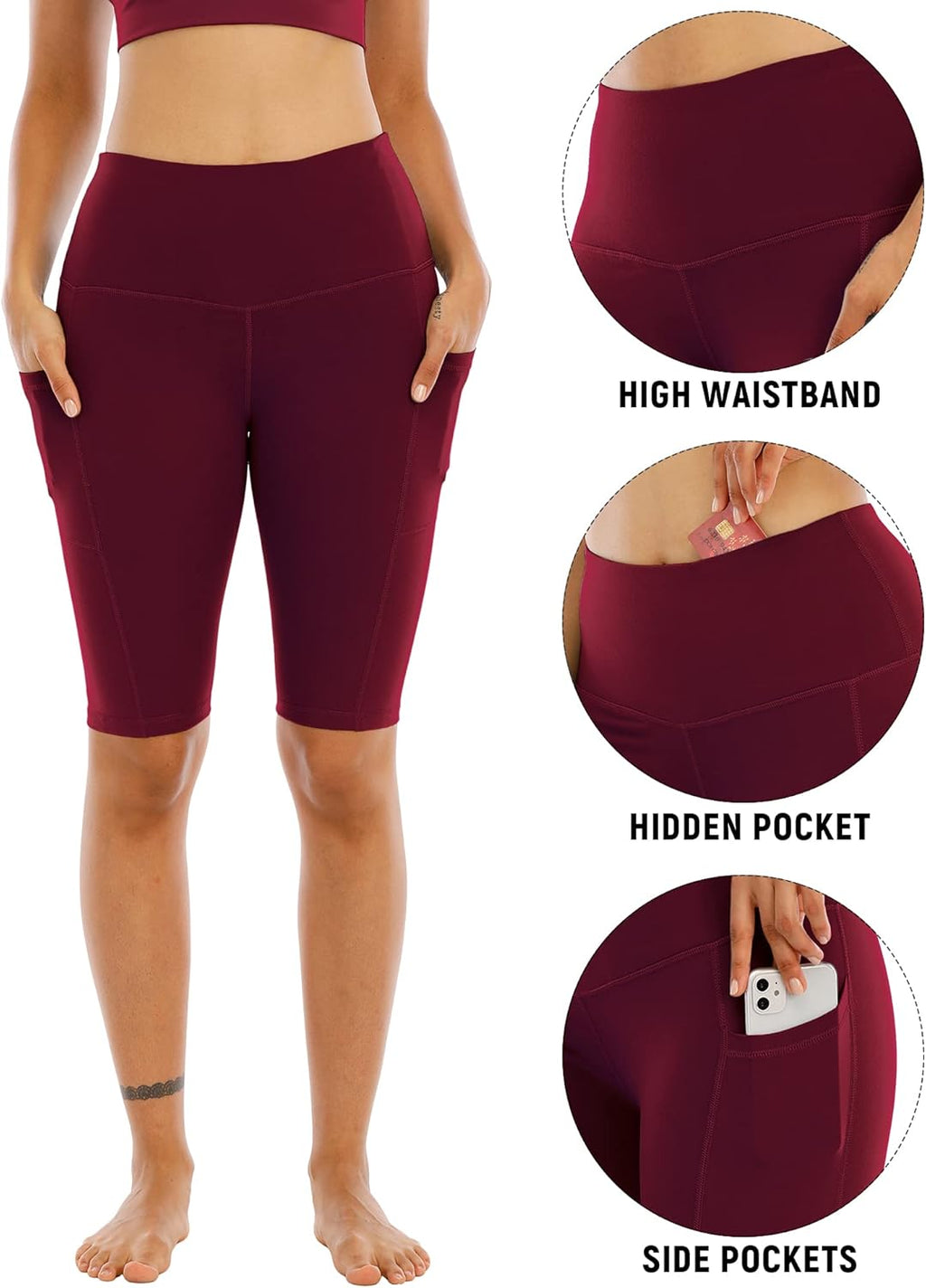 WHOUARE Biker Yoga Shorts - High Waisted with Pockets for Women | 4 Pack Tummy Control Workout Shorts