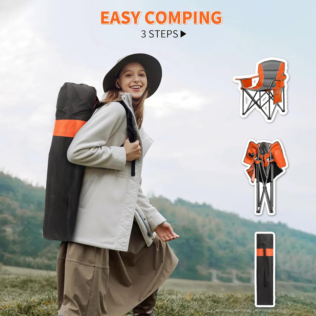 Skiennix Padded Oversized Camping Chairs - Heavy Duty 400 Lbs Support | Folding Portable with Cup Holder & Cooler Bag (Orange & Blue)