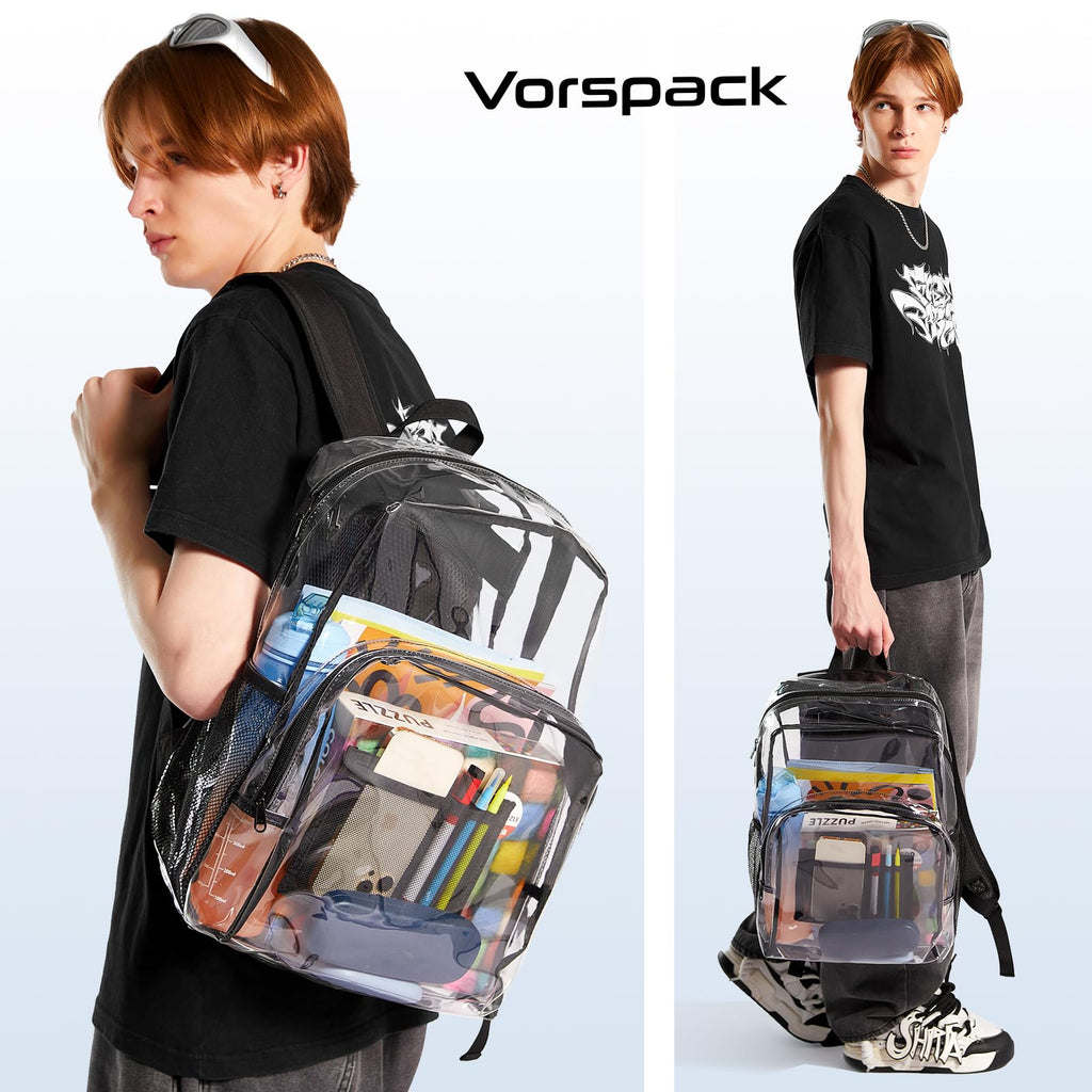 Vorspack Clear Backpack Heavy Duty PVC Transparent Backpack Extra Large Clear Backpacks with Reinforced Strap for College Workplace Security - Black