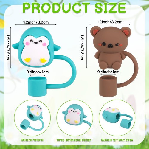 XLSXEXCL 20 Pcs Cute Animal Straw Cover Caps Compatible with Stanley Cup, Silicone Cute Reusable Straw Toppers for Cups 30&40 Oz Tumbler Accessories 10mm