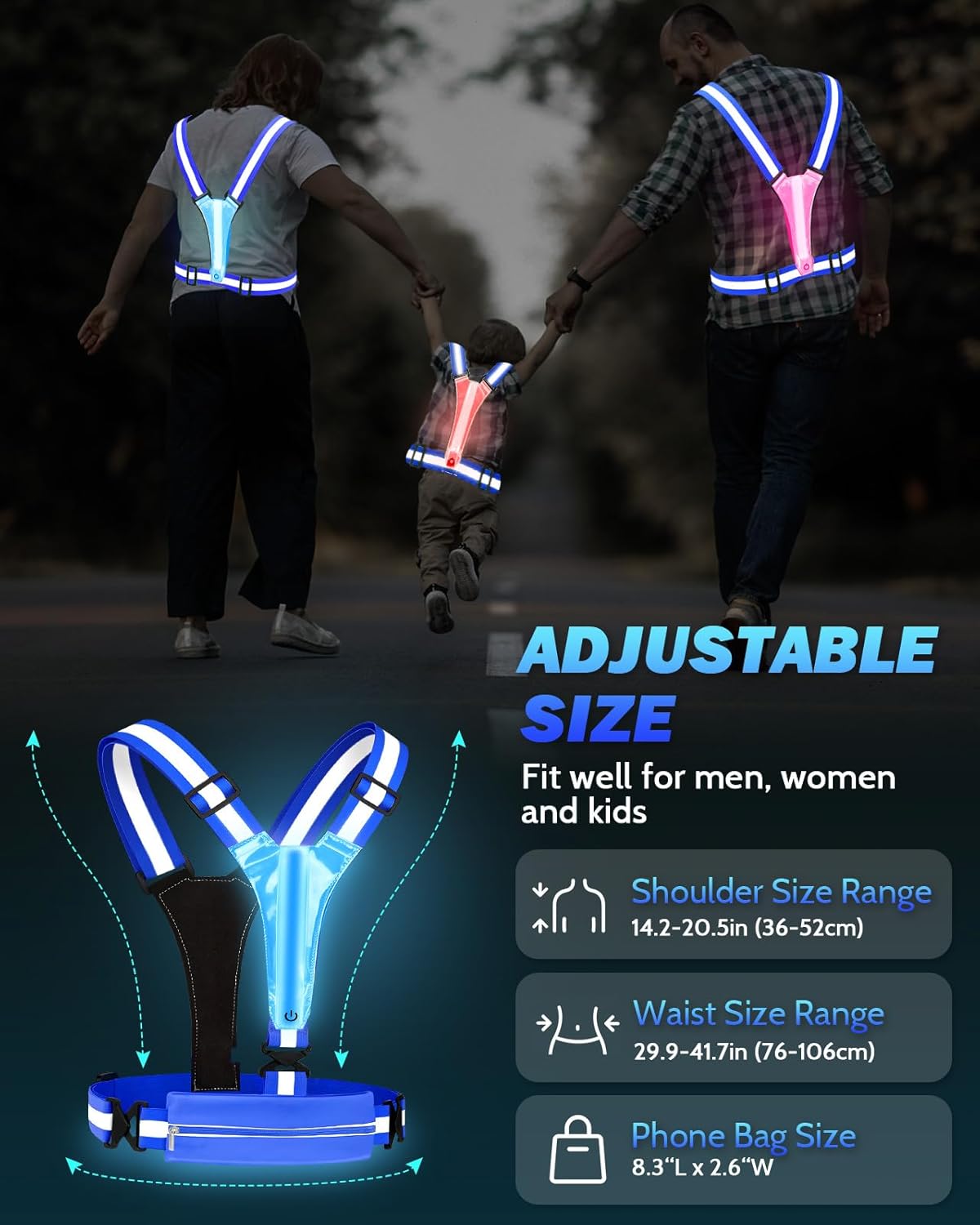 Skiennix LED Reflective Running Vest - Rechargeable High Visibility Safety Gear for Night Runners | Adjustable Fit