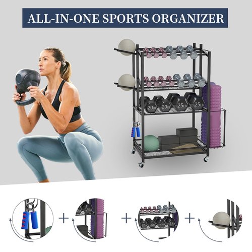 3-Tier Rolling Dumbbell Rack with Yoga Mat Basket & Hooks – Heavy Duty Steel Home Gym Storage Cart for Weights, Kettlebells, and Foam Rollers – 350Lbs Capacity Mobile Organizer with Lockable Wheels (Black)