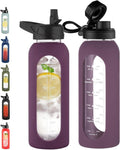 CIVAGO 40 oz Glass Water Bottle - Motivational Flask with Straw, Time Marker & Silicone Sleeve | Mauve