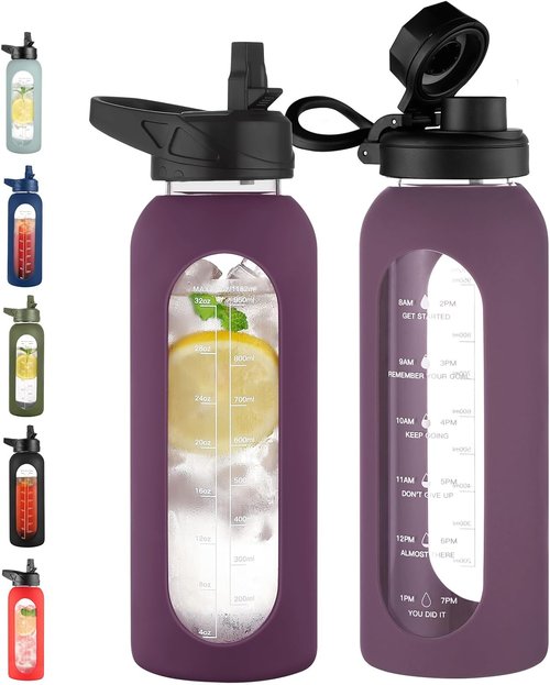 CIVAGO 40 oz Glass Water Bottle - Motivational Flask with Straw, Time Marker & Silicone Sleeve | Mauve