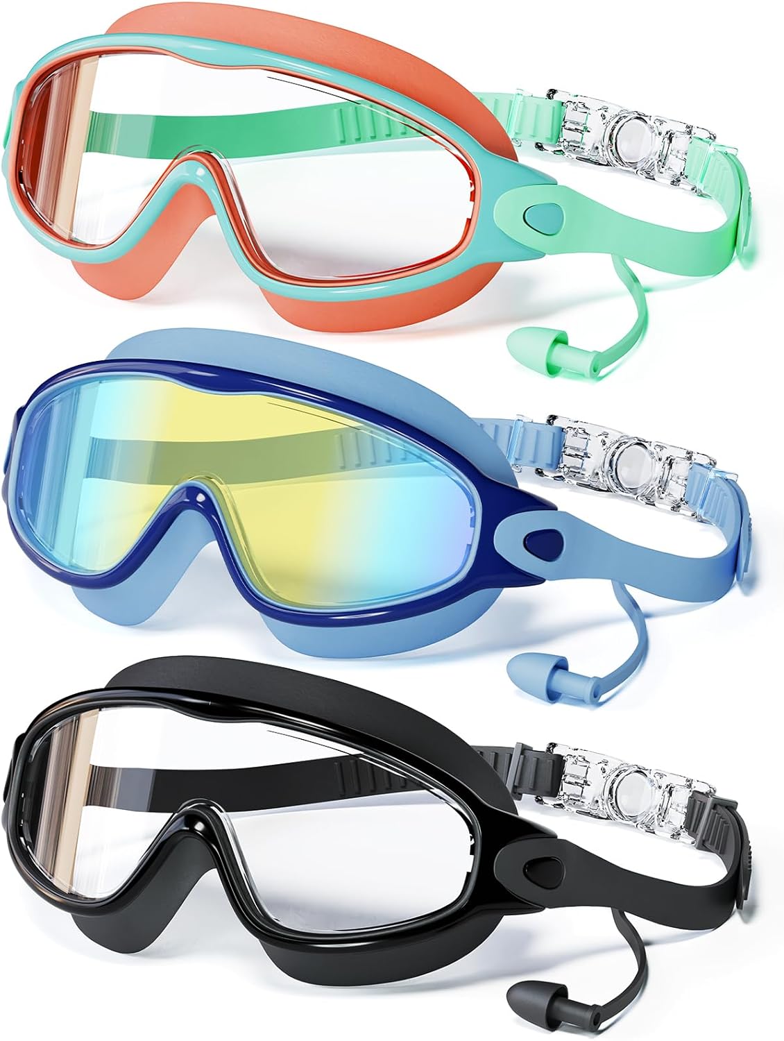 Skiennix Swimming Goggles - Anti-Fog UV Protection with Earplugs | Large Frame for Kids 4-12