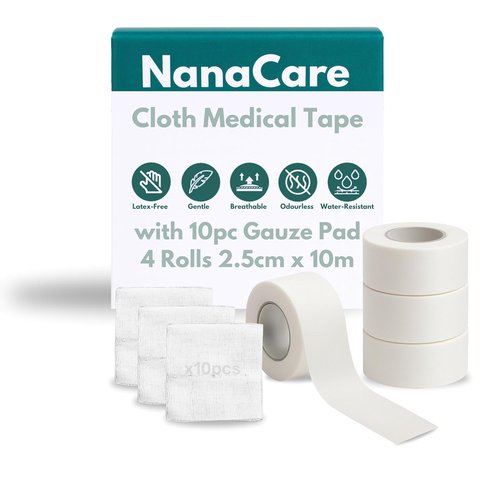 NanaCare Waterproof Medical Tape - Hypoallergenic Surgical Tape with 10 Gauze Pads | 4 Rolls x 1 Inch for Sensitive Skin