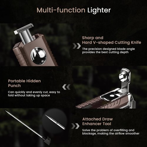 5-in-1 Torch Lighter with Triple Jet Flame, Built-in Tool, Punch, Holder, and Draw Enhancer Tool, Windproof Cool Lighters with Gift Box for Men, Refillable Butane Lighter for Candle, Travel