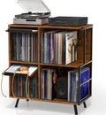 Faesun Vinyl Record Storage Stand - 3 Tier Flip Top Cabinet Holds 300+ Albums | Rustic Brown Turntable Display