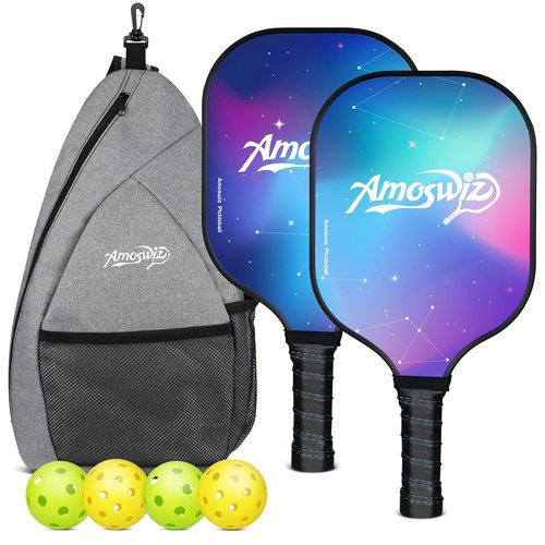 Amoswiz Pickleball Paddles Set of 2, Premium Fiberglass Star Sky Pickleball Paddles for Beginers, Pickleball Set with 4 Pickle Balls, Gift for Adult & Kids