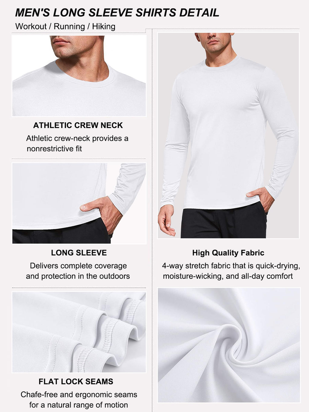 5 Pack White Long Sleeve Shirt Men, Moisture Wicking Dry Fit Tshirts Shirts for Men, UPF 50+ Sun Protection Workout Shirts White-5P02-M