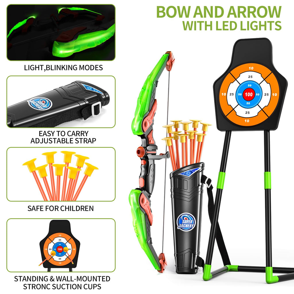 TEMI Bow and Arrow Set for Kids 4-8,Kids Archery Set with LED Lights Includes 10 Suction Cup Arrows, Quivers & Standing Target, Outdoor Toys for Boys & Girls Ages 3-12 Years Old