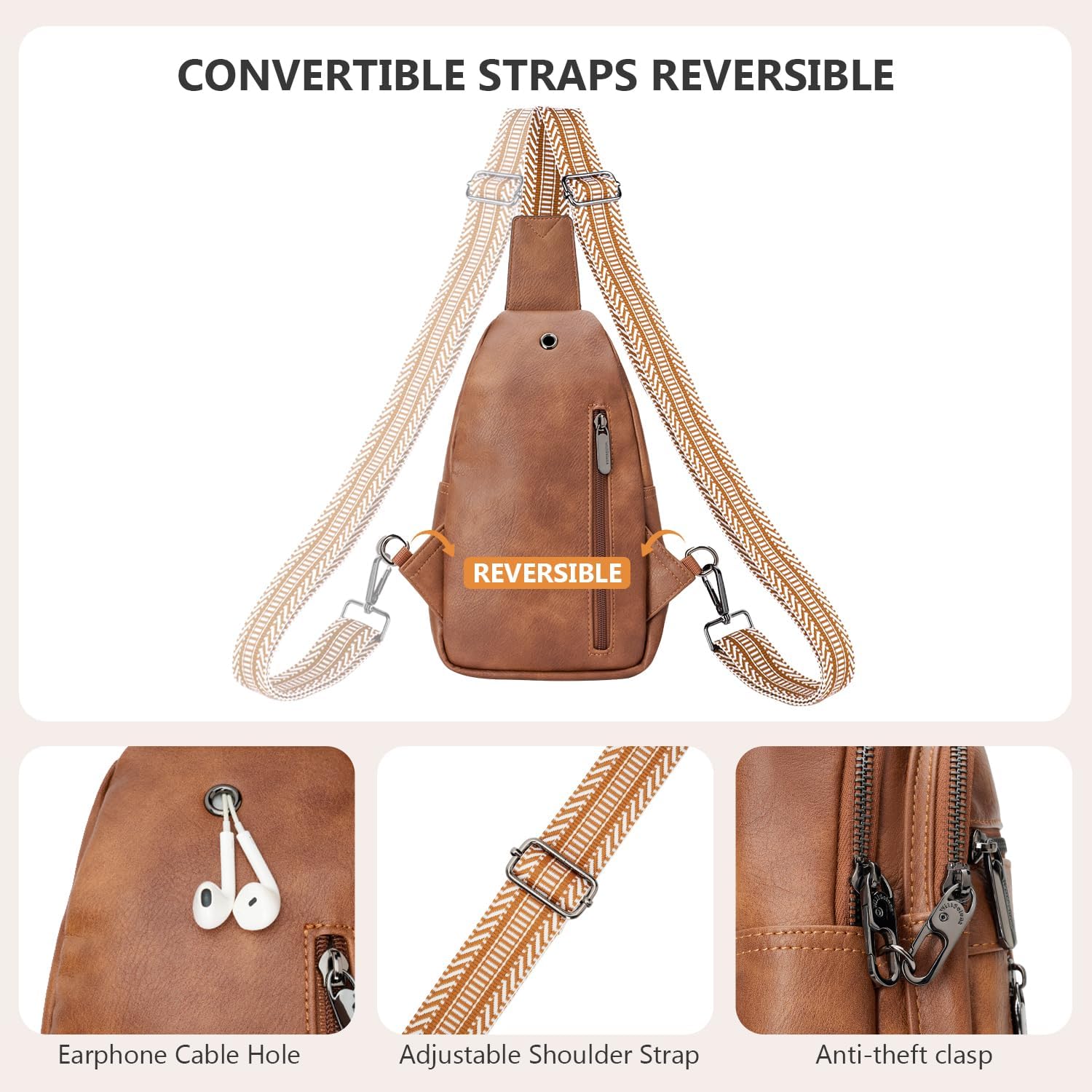 Skiennix Anti-Theft Sling Bag - Stylish PU Leather Crossbody Chest Pack for Women | Brown, Adjustable Strap