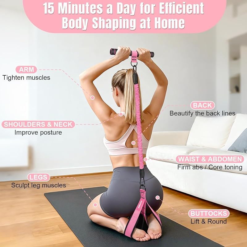Upgraded Multifunction Pedal Resistance Band with Handle – 3 Tubes, 30-90 lb each, for Abdomen, Waist, Arms (Pink, X-Large) – Sit Up Exercise Equipment for Women