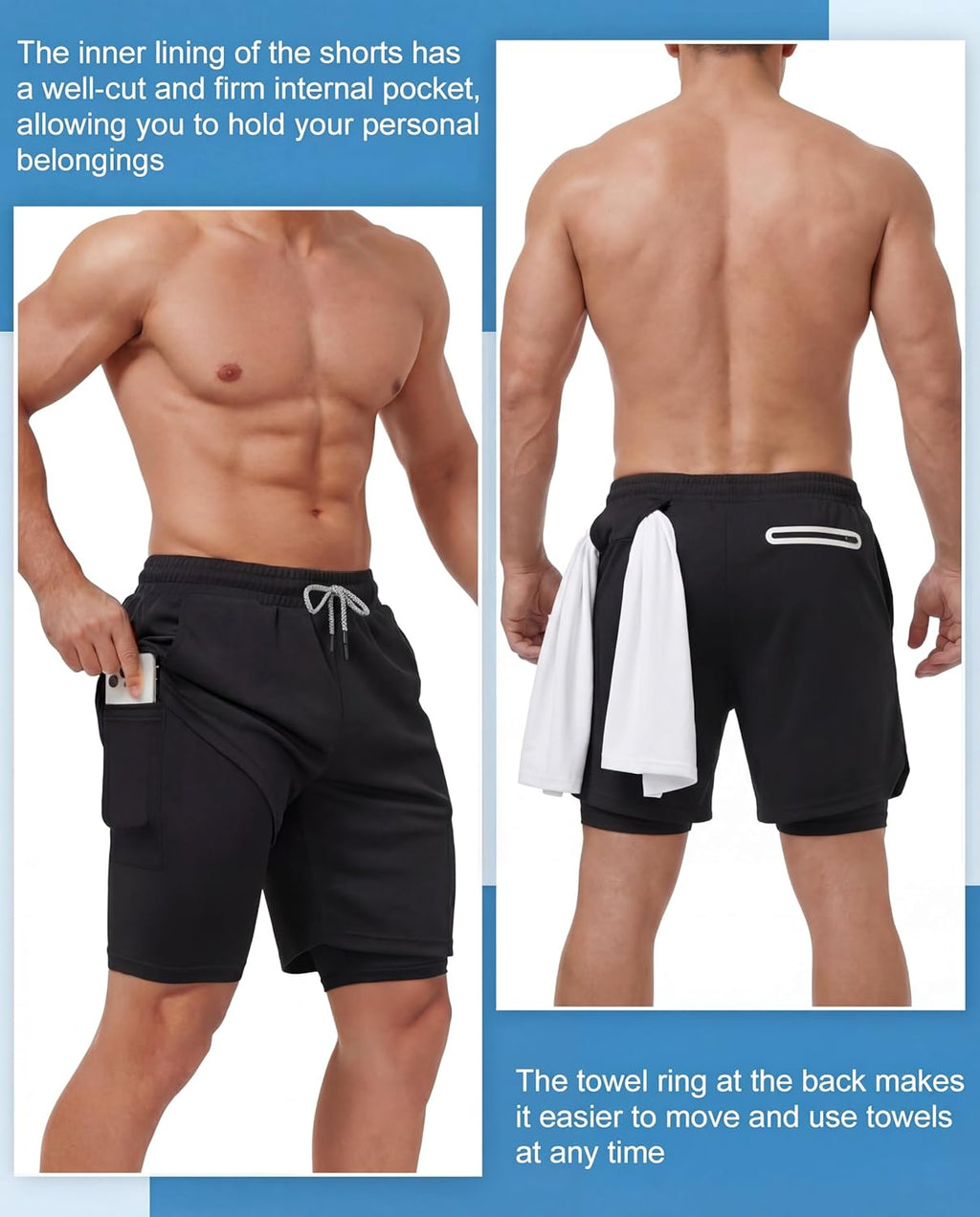 Sureio Men's 2-in-1 Gym Workout Running Shorts - 7 Inch Quick Dry Lightweight Athletic Shorts with Liner & Towel Loop
