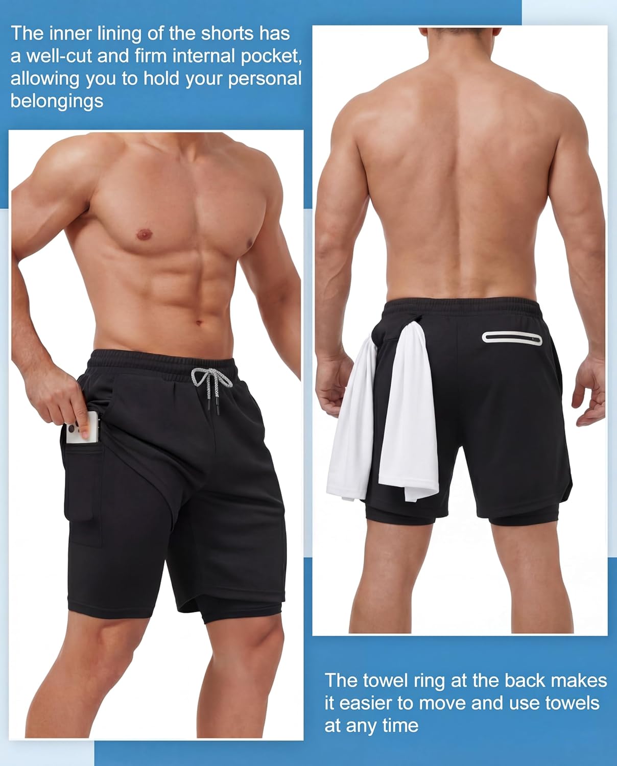 Sureio Men's 2-in-1 Gym Workout Running Shorts - Quick Dry, Lightweight, 7 Inch with Pocket & Towel Loop