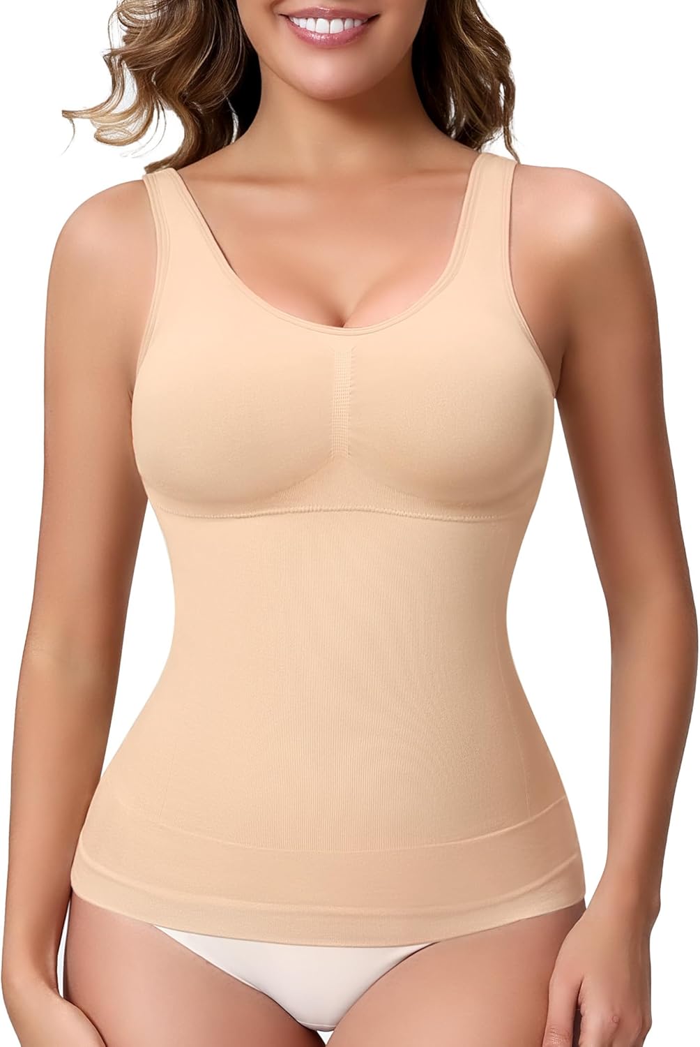 Skiennix Compression Shapewear Tank Top - V Neck Halter Design with Built-In Bra & Tummy Control