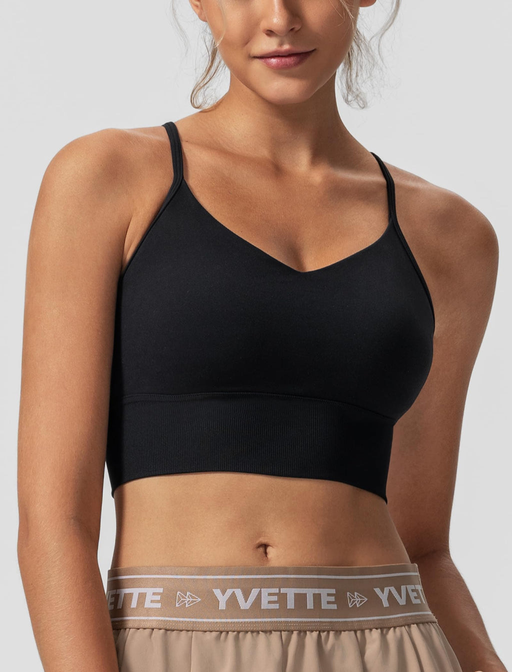 Yvette Adjustable Spaghetti Straps V Back Sports Bras for Women Light Support Padded Wireless Yoga Bra Cropped Tank Top,Black,M