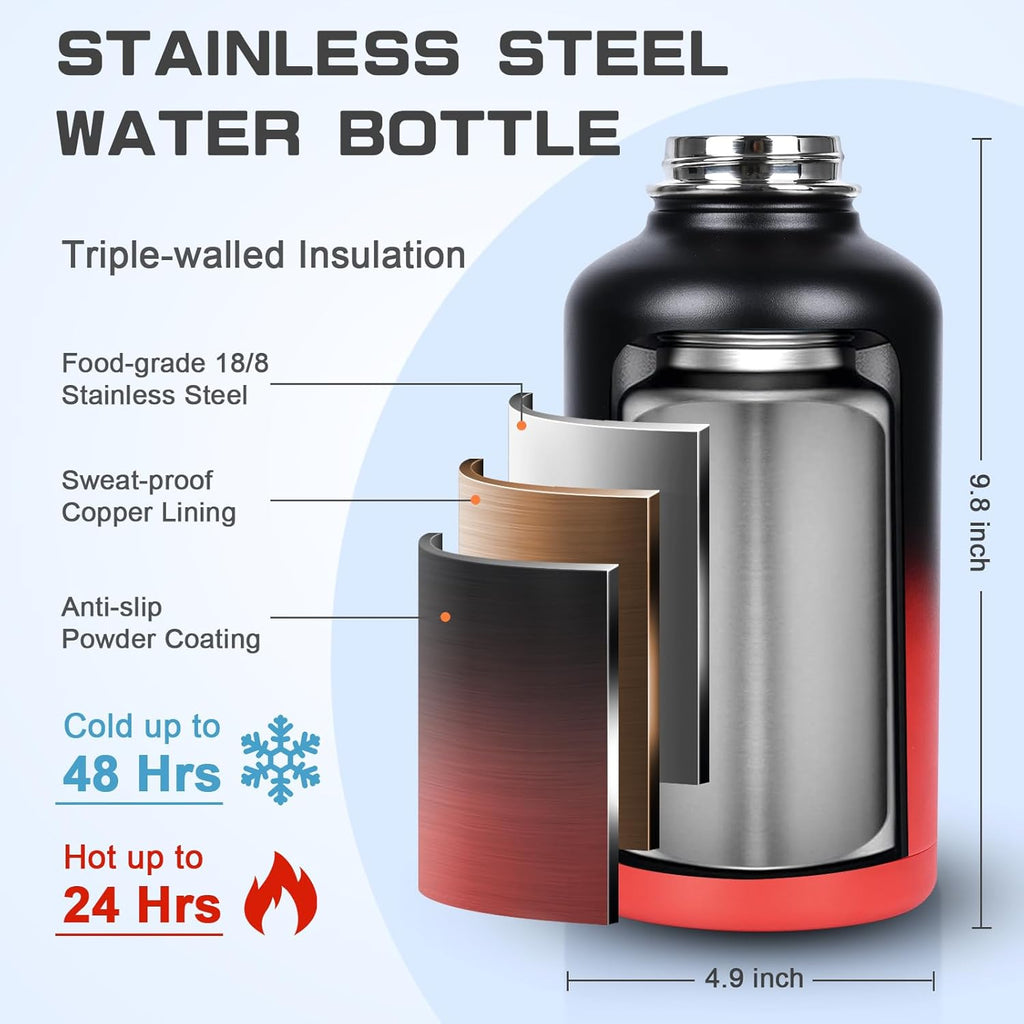 Skiennix Insulated Water Bottle - 64 oz Half Gallon Stainless Steel Flask with 2-in-1 Lid & Paracord Handle