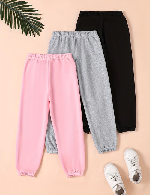 Fdqin Girls' 3 Pcs Letter Graphic Print Sweatpants Kids Athletic Joggers Pants with Pockets Black Gray Pink 7-8Years
