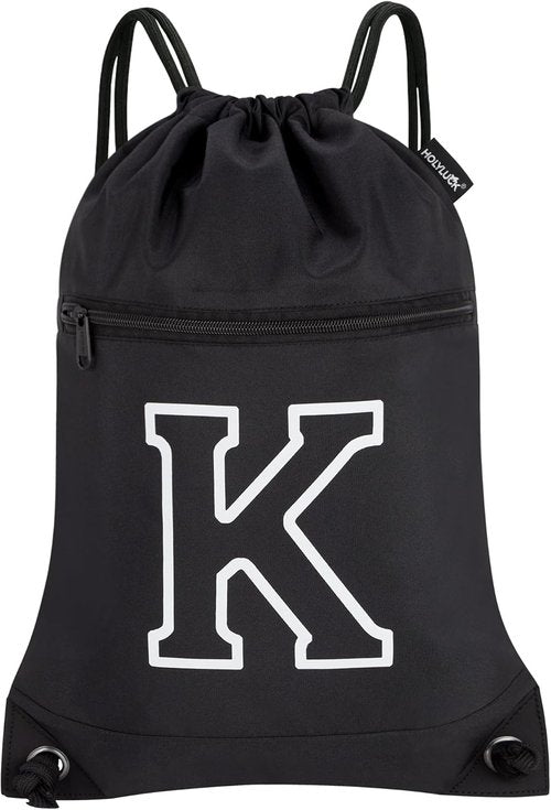 HOLYLUCK Drawstring Backpack - Stylish Initial Design for Sports, Gym, Travel | Black-K