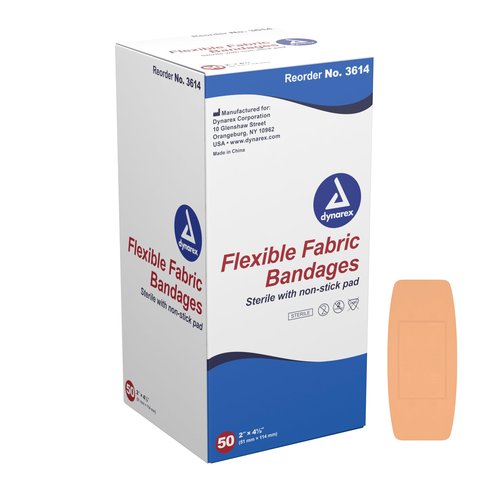 Dynarex Fabric Adhesive Bandages - Sterile & Flexible Fabric Bandages for Wounds - Non-Stick Pads - Individually-Wrapped First Aid Supplies - No Latex - 2x4-1/2", 1 Box of 50