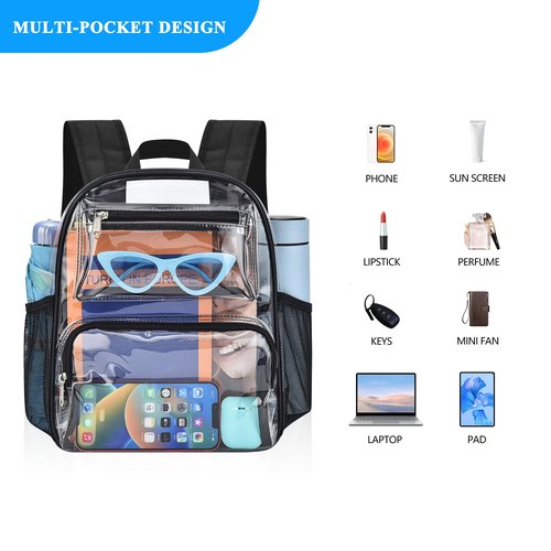 Clear Bag for Stadium Events, 12x6x12 Clear Backpack with Reinforced Strap, Stadium bag for Sports Concerts Work Travel, Black