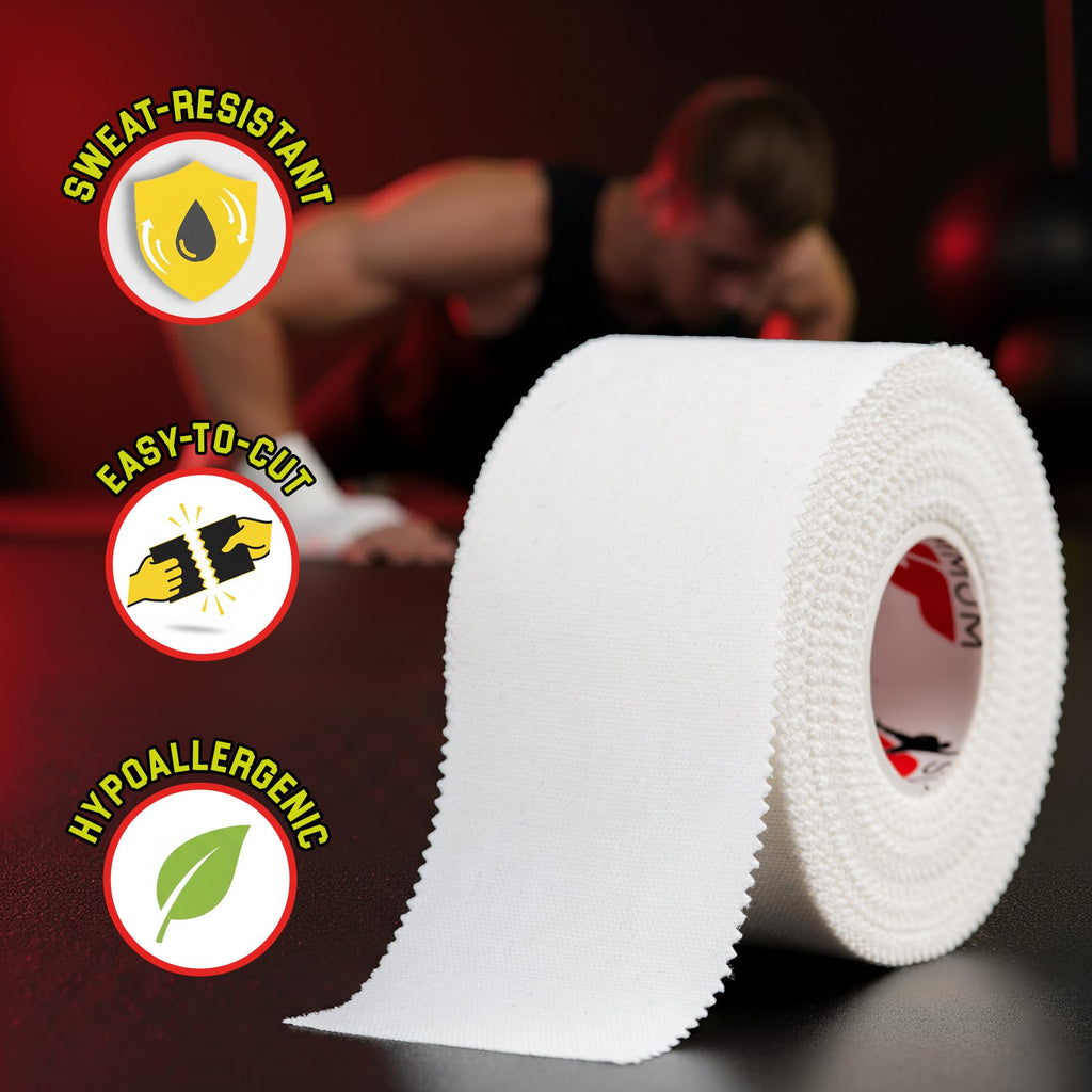 Summum Fit White Athletic Tape Extremely Strong: 3 Rolls + 1 Finger Roll. Easy to Apply & No Residue. Sports Tape Athletic for Boxing Football Climbing or Gymnastics for Wrist Ankle & Hand Protection