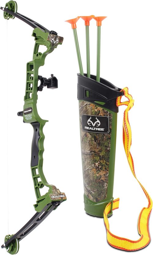 NKOK Realtree Jr. Compound Bow Set - PVC Tipped Arrows Up to 40 Feet | Includes 3 Arrows, Target & Red LED Scope for Ages 6+